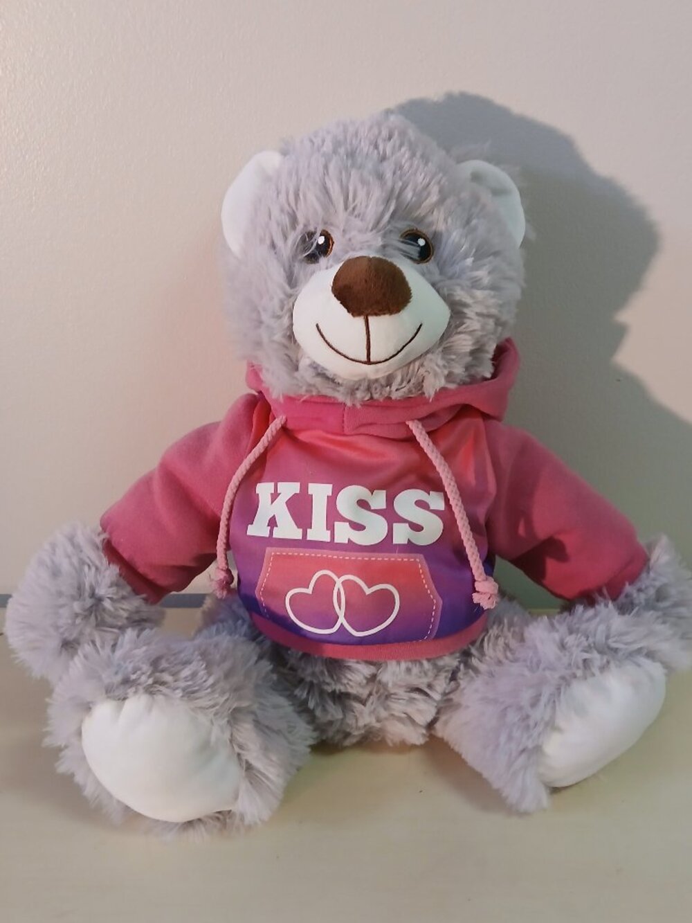 Plush bear wearing hoodie
